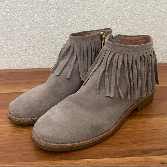 KATE SPADE Gray Taupe Suede Leather Fringe Tassel Side Zip Booties Size 7.5M - Picture 2 of 16
